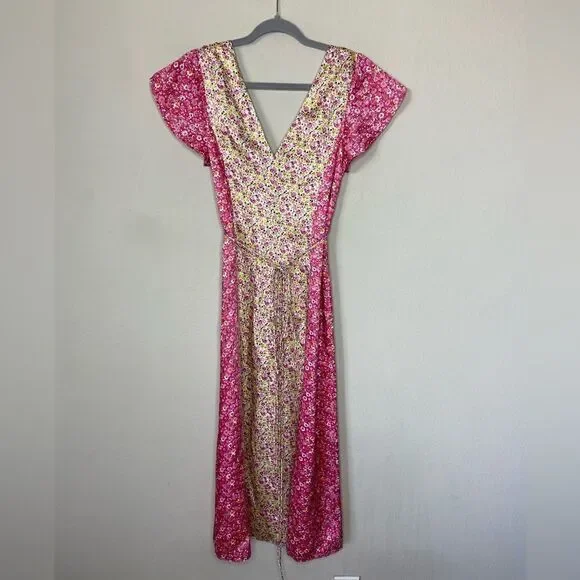 Cinq à Sept Jessica Midi Pink Yellow Dress Floral Stripe Wrap Size 0 - Picture 6 of 11